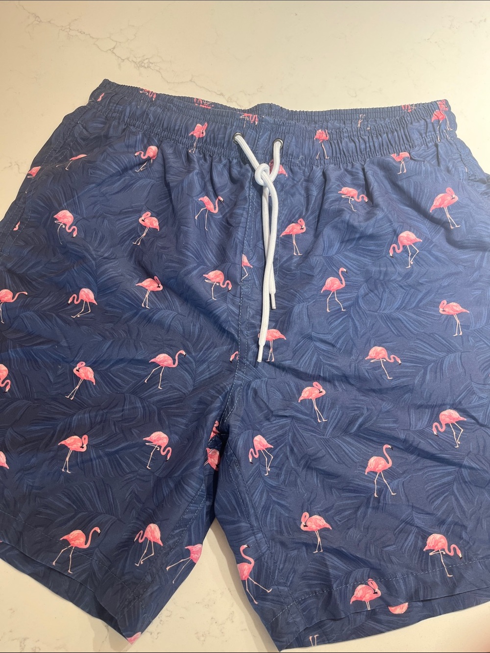 Men's Navy Blue Swim Trunks with Pink Flamingo Print fully lined
